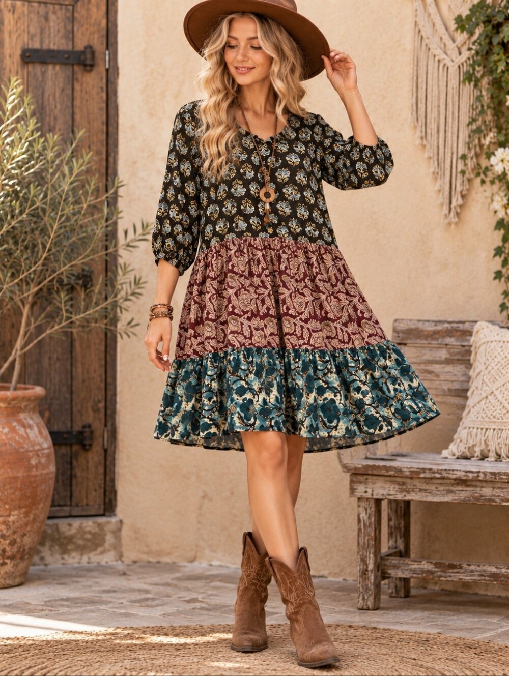 NATURAL LIFE MIXED FLORAL BOHO TIERED MIDI DRESS SIZE XL